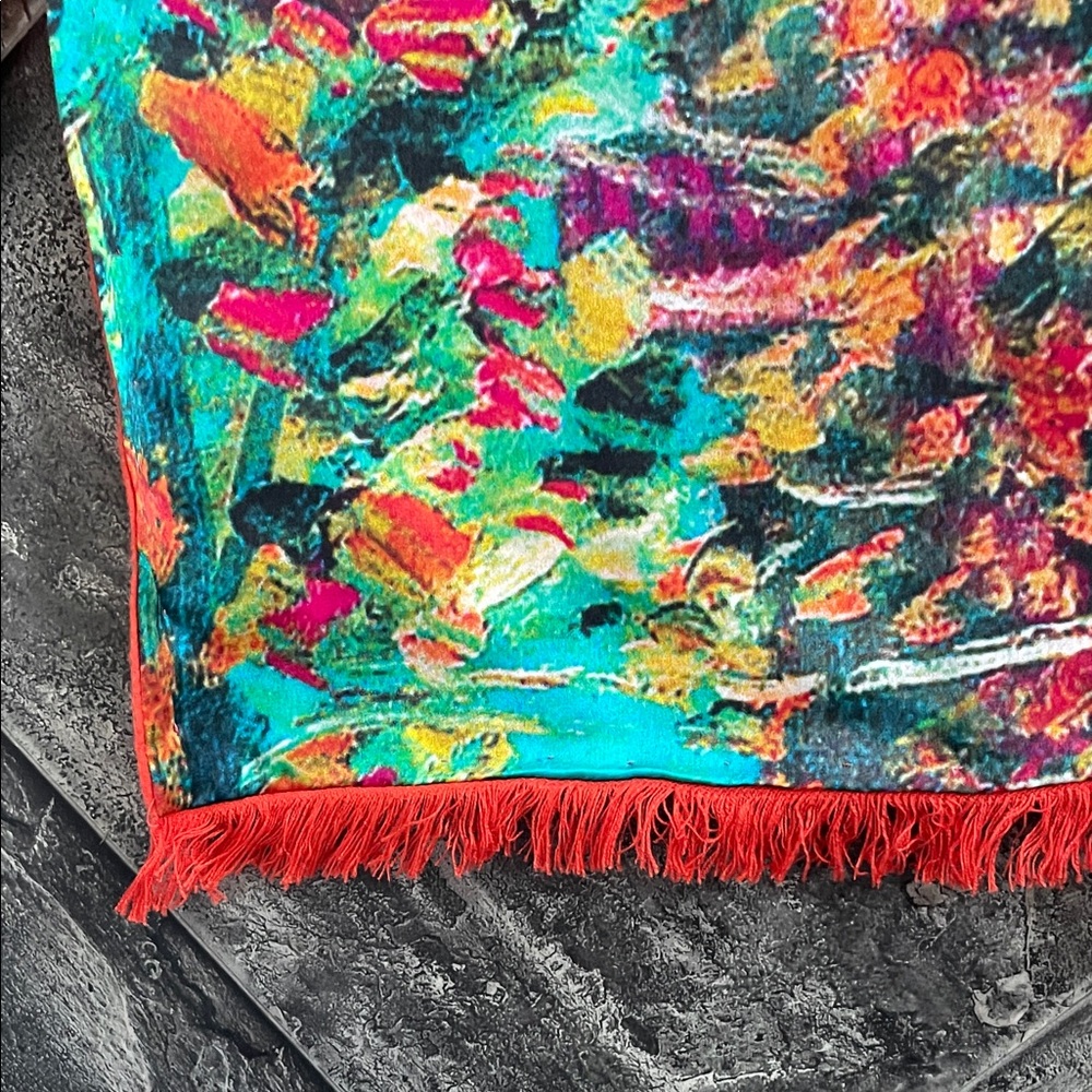 100% Silk Vibrant Multicolour Abstract Scarf Classic Luxury Fringe Boho Chic
